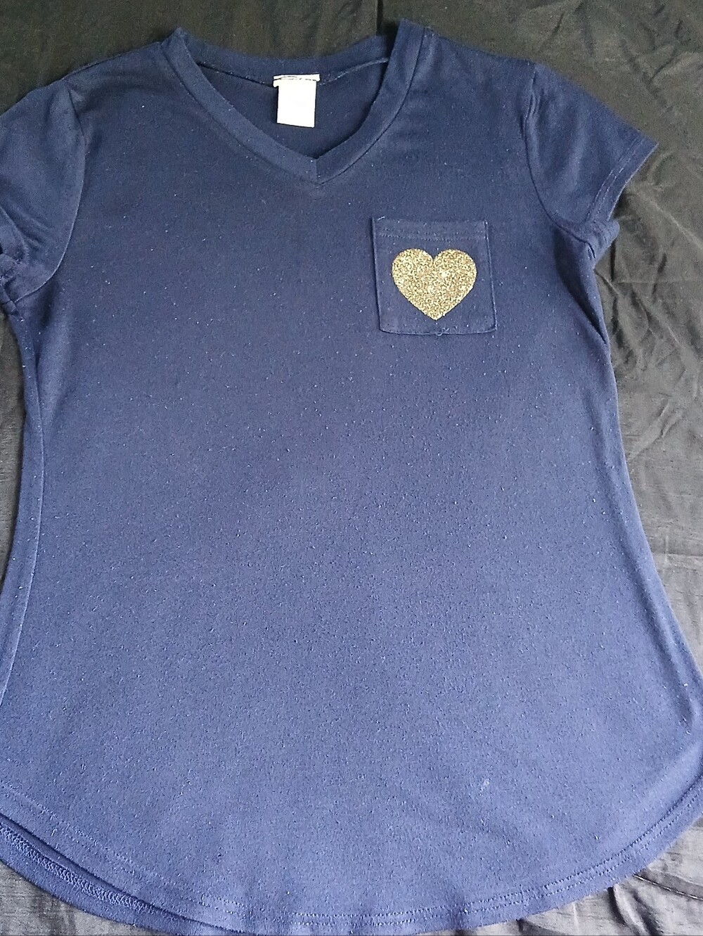 Girls' Navy V-Neck Top with Gold Heart Pocket Size L14